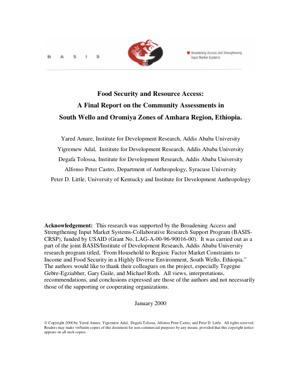 Food security and resource access : a final report on the community assessments in South Wello and Oromiya Zones of Amhara Region, Ethiopia
