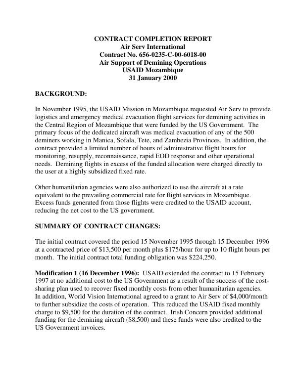 Contract completion report : Air Serv International -- contract no. 656-0235-C-00-6018-00 : air support of demining operations