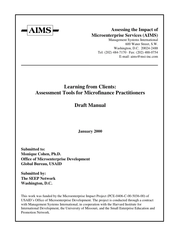 Learning from clients : assessment tools for microfinance practitioners -- draft manual