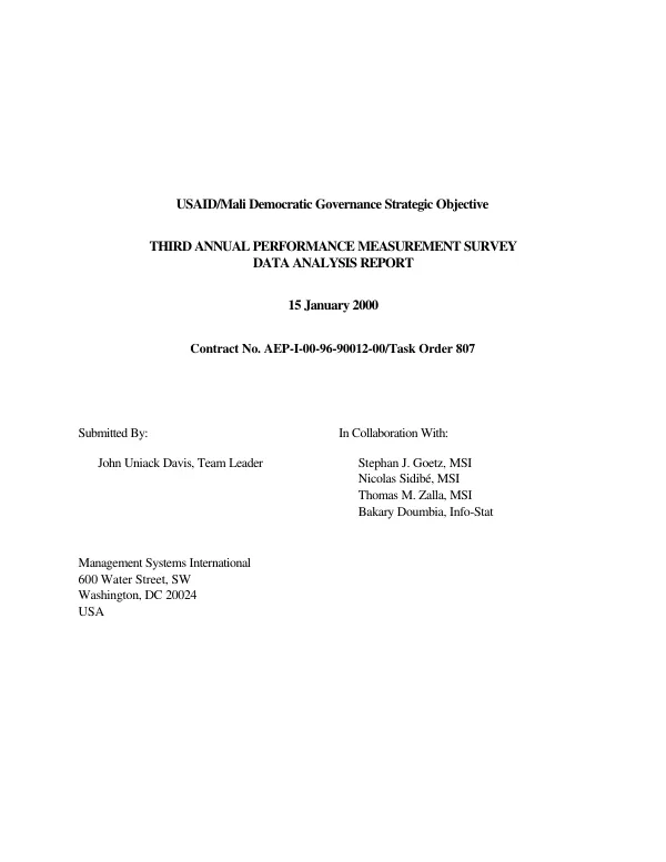 USAID/Mali democratic governance strategic objective : third annual performance measurement survey data analysis report