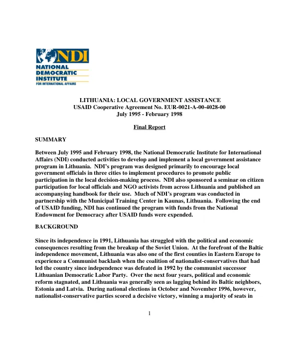 Final report -- Lithuania : local government assistance -- USAID cooperative agreement no. EUR-A-00-94-00028-00 : July 1995-February 1998