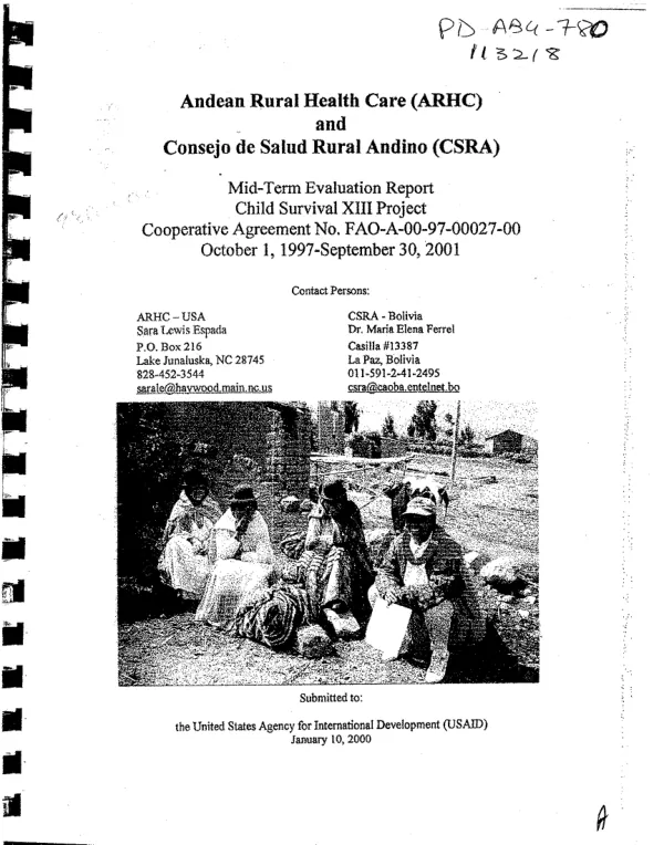 Andean Rural Health Care (ARHC) and Consejo de Salud Rural Andino (CSRA) : mid-term evaluation report -- child survival XIII project : cooperative agreement no. FAO-A-00-97-00027-00 -- October 1, 1997-September 30, 2001