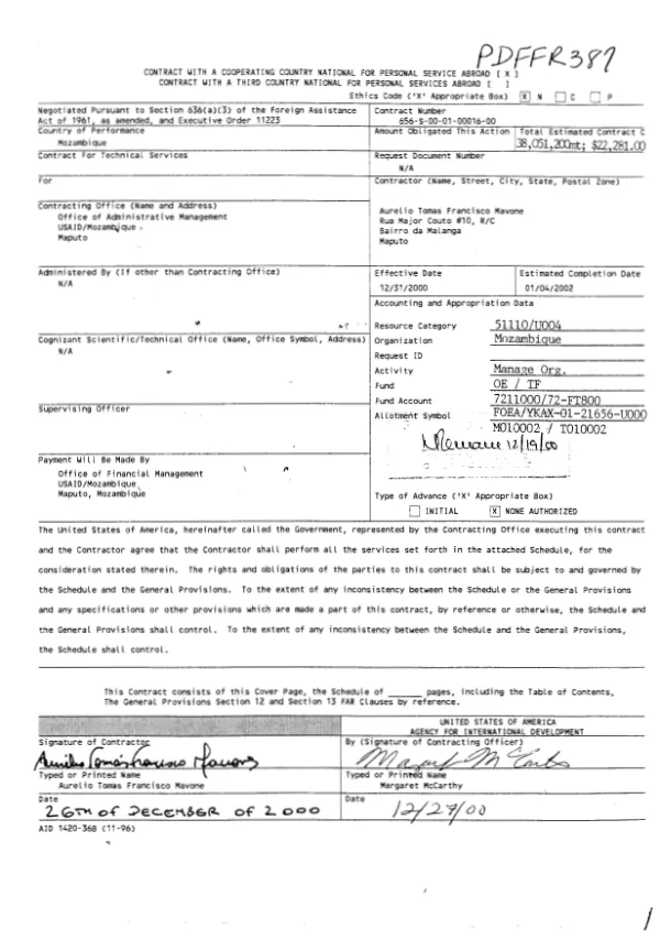 Contract with a cooperating country national for personal service abroad 656-S-00-01-00016-00 with Aurelio Tomas Francisco Mavone