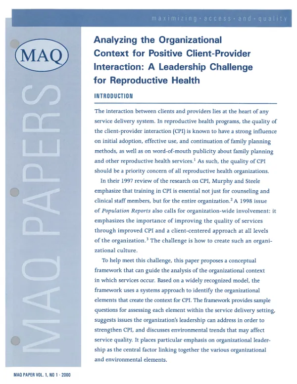 Analyzing the organizational context for positive client-provider interaction : a leadership challenge for reproductive health