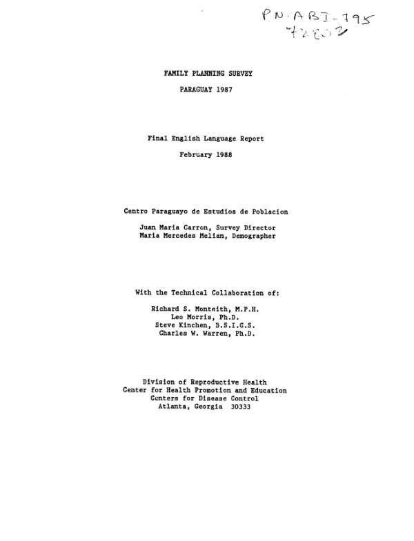 Family planning survey, Paraguay, 1987 : final English language report