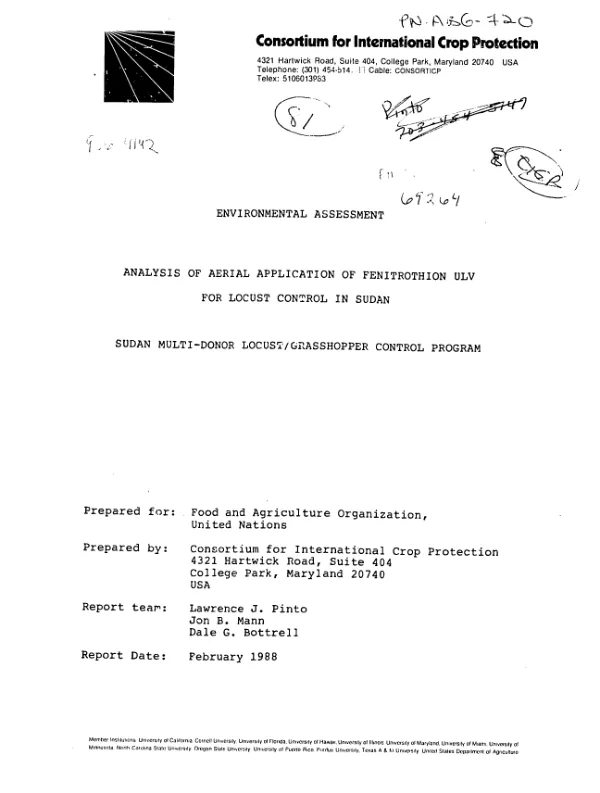 Environmental assessment : analysis of aerial application of fenitrothion ULV for locust control in Sudan -- Sudan multi-donor locust/grasshopper control program