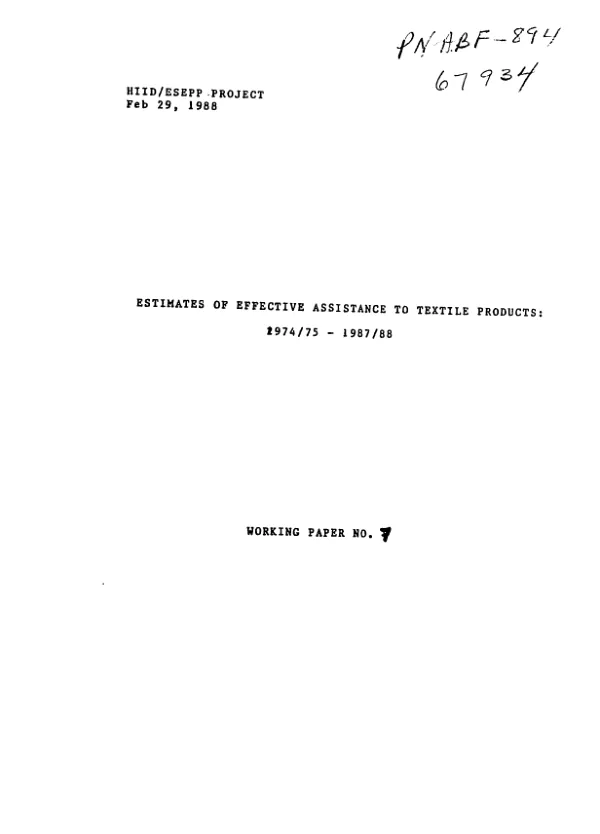 Estimates of effective assistance to textile products : 1974/75-1987/88