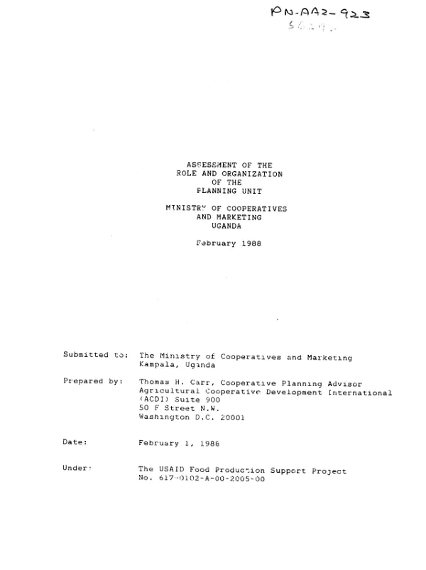 Assessment of the role and organization of the planning unit, Ministry of Cooperatives and Marketing Uganda
