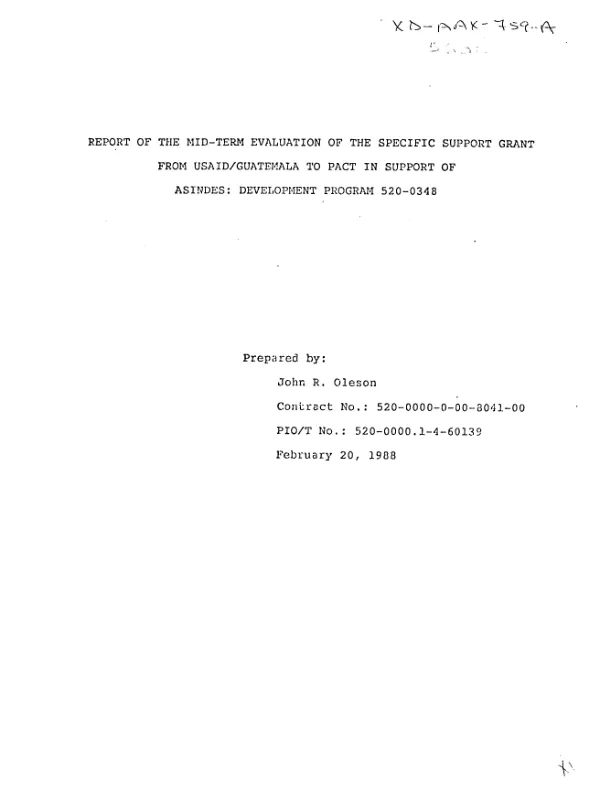 Report of the mid-term evaluation of the specific support grant from USAID/Guatemala to PACT in support of ASINDES : development program 520-0348