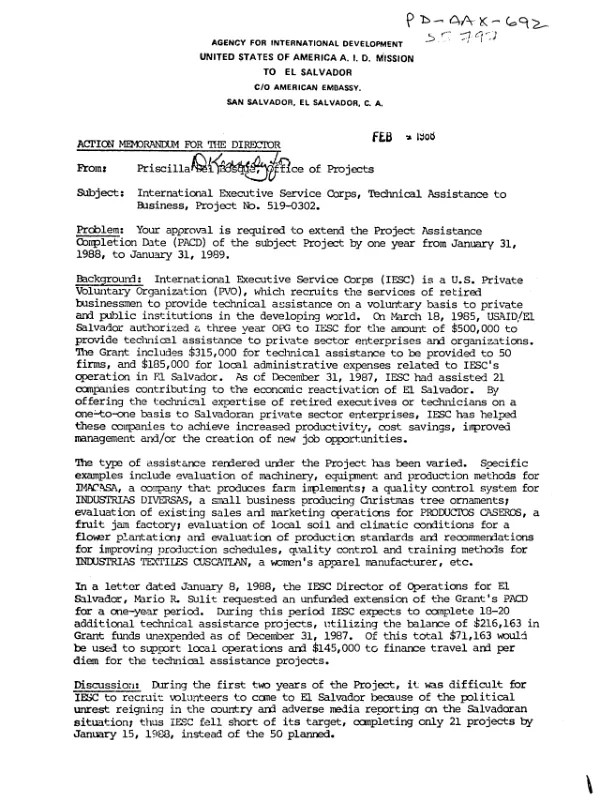 Action memorandum for the director concerning the International Executive Service Corps, technical assistance to business