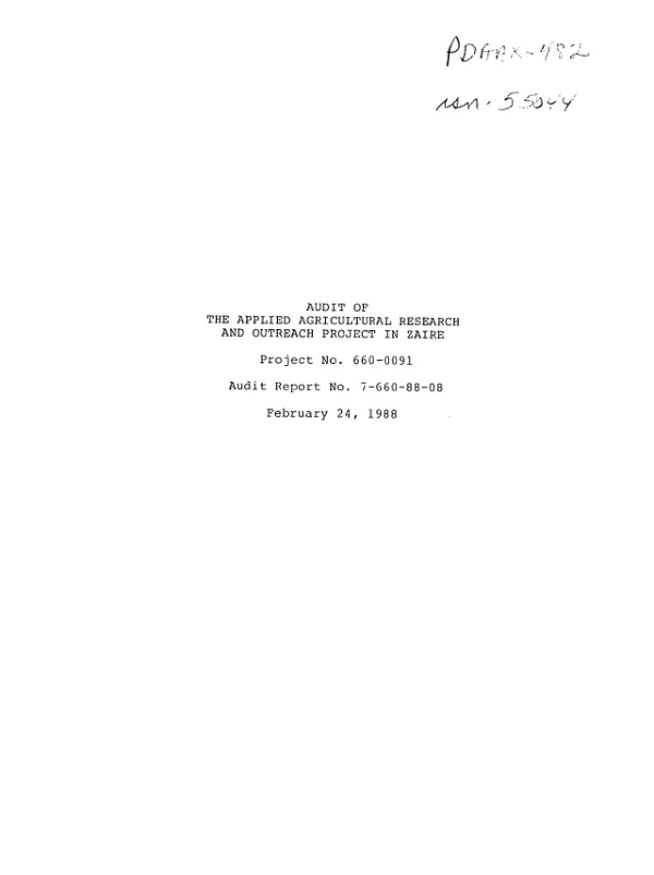 Audit of the applied agricultural research and outreach project in Zaire : project no. 660-0091