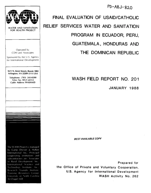 Final evaluation of USAID/Catholic Relief Services water and sanitation program in Ecuador, Peru, Guatemala, Honduras and the Dominican Republic