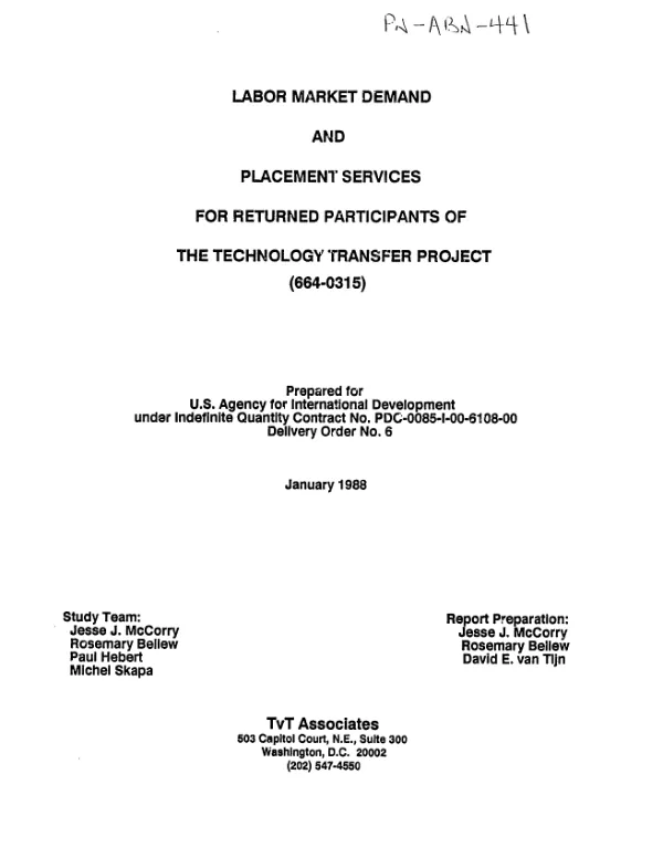 Labor market demand and placement services for returned participants of the technology transfer project (664-0315)
