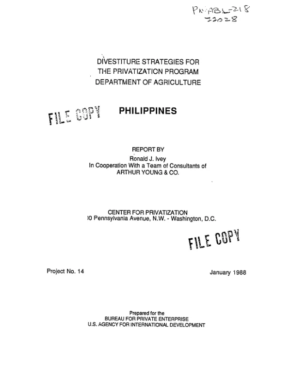 Divestiture strategies for the privatization program, Department of Agriculture, Philippines