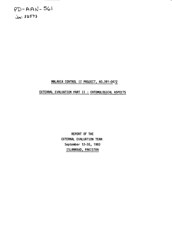 Malaria control II project, no. 391-0472; external evaluation part II : entomological aspects, report of the external evaluation team