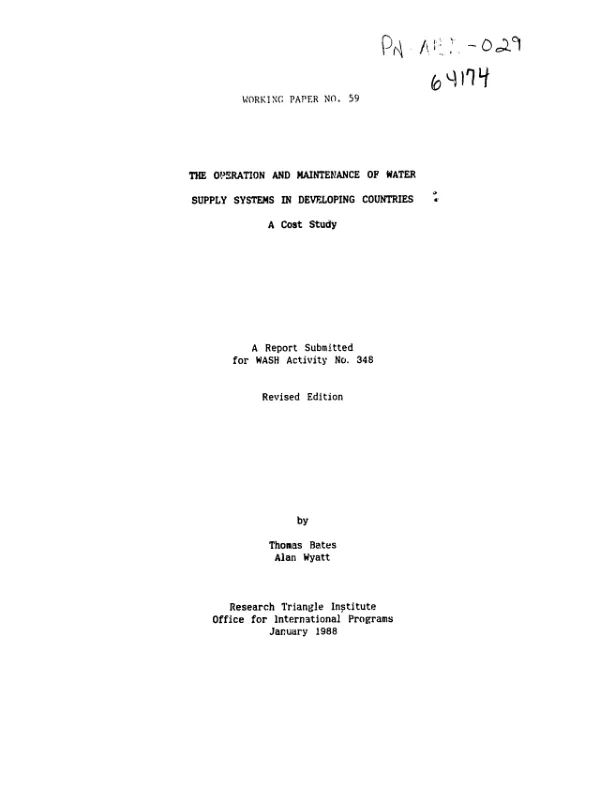 Operation and maintenance of water supply systems in developing countries : a cost study