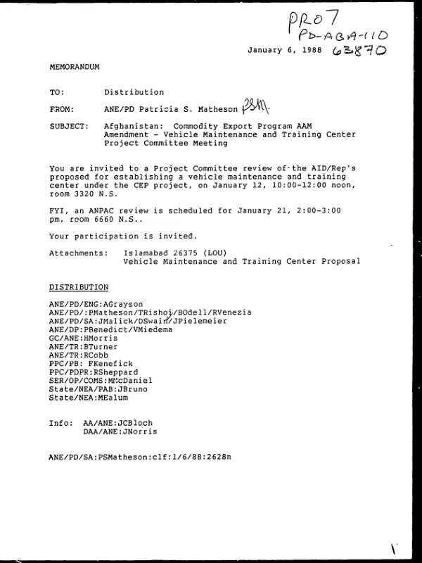 Memorandum concerning Afghanistan commodity export program AAM amendment : vehicle maintenance and training center project committee meeting
