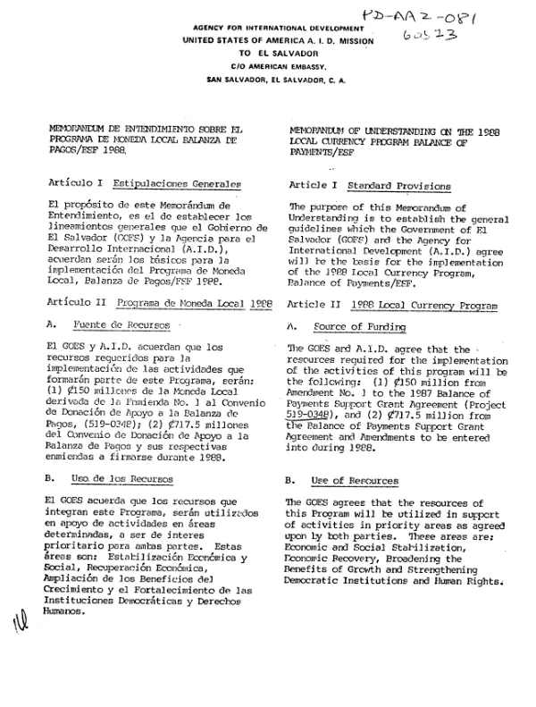 Memorandum of understanding on the 1988 local currency program balance of payments/ESF