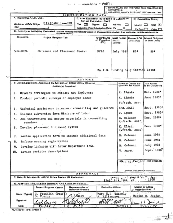 Final evaluation of USAID/Belize project no. 505-0026 : guidance and placement center