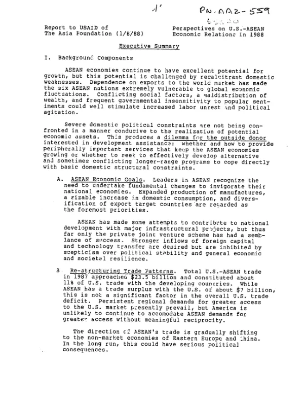 Report to USAID of The Asia Foundation (1/8/88) : perspectives on US-ASEAN economic relations in 1988 -- executive summary