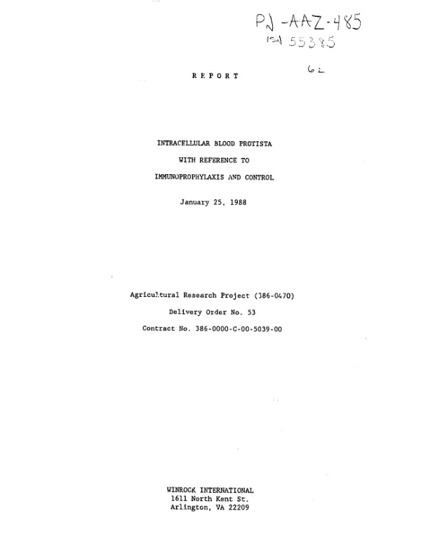 Report : intracellular blood protista with reference to immunoprophylaxis and control