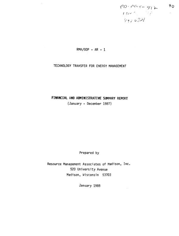 Technology transfer for energy management : financial and administrative summary report (January-December 1987)