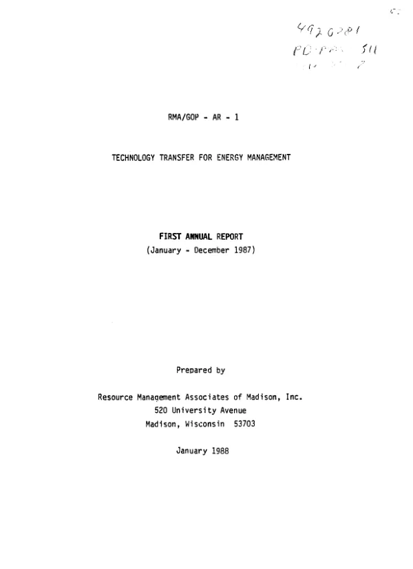 Technology transfer for energy management : first annual report (January-December 1987)