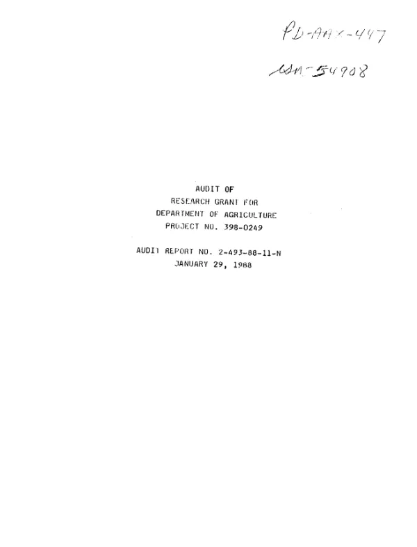 Audit of research grant for Department of Agriculture, project no. 398-0249