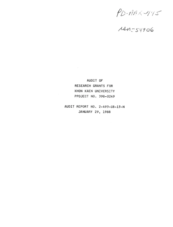 Audit of research grants for Khon Kaen University, project no. 398-0249