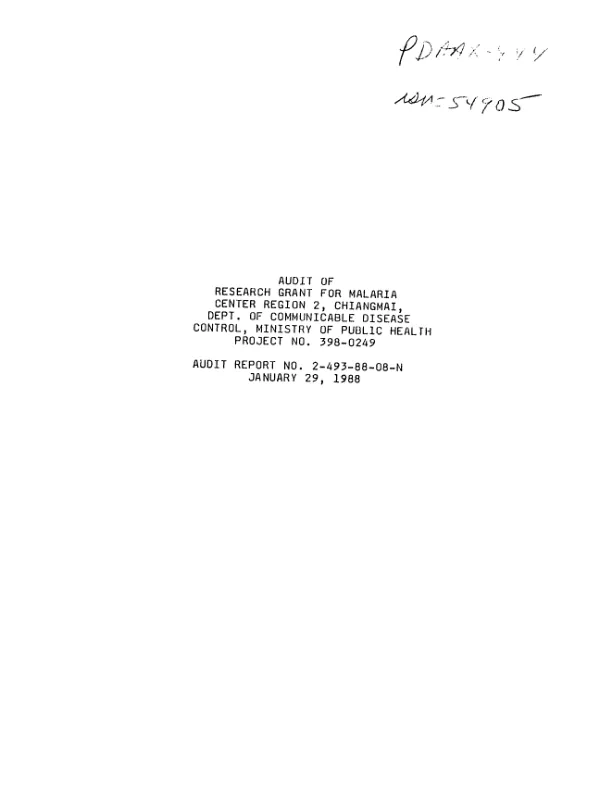 Audit of research grant for Malaria Center Region 2, Chiangmai, Dept. of Communicable Disease Control, Ministry of Public Health, project no. 398-0249