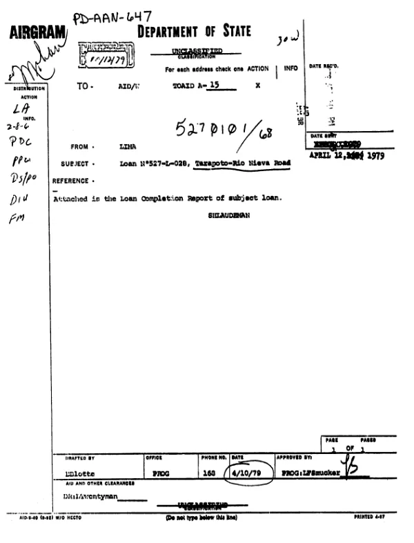 Loan completion report of loan no. 527-L-028 Tarapoto - Rio Nieva road