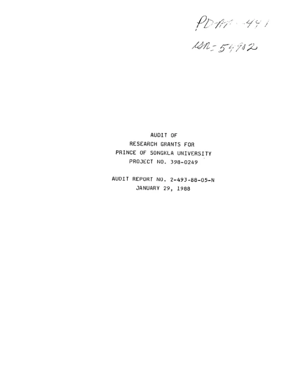 Audit of research grants for Prince of Songkla University, project no. 398-0249