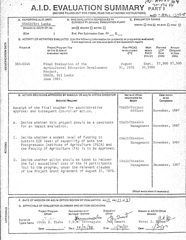 Final evaluation of the agricultural education development project, USAID, Sri Lanka, June 1987