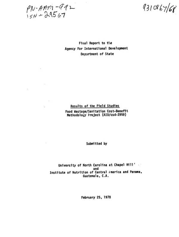 Results of the field studies : food wastage/sanitation cost-benefit methodology project