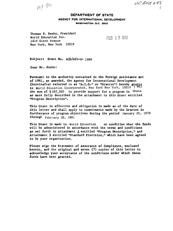 AID grant no. AID/Afr-G-1394 to World Education Inc. for a program to establish within the Government of Ghana (GOG), Department of Social Welfare and Community Development (DSWCD), a capability for delivering non-formal education services to adults living in rural areas