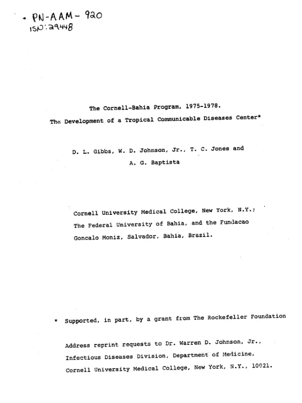 Cornell - Bahia program, 1975-1978 : the development of a tropical communicable diseases center
