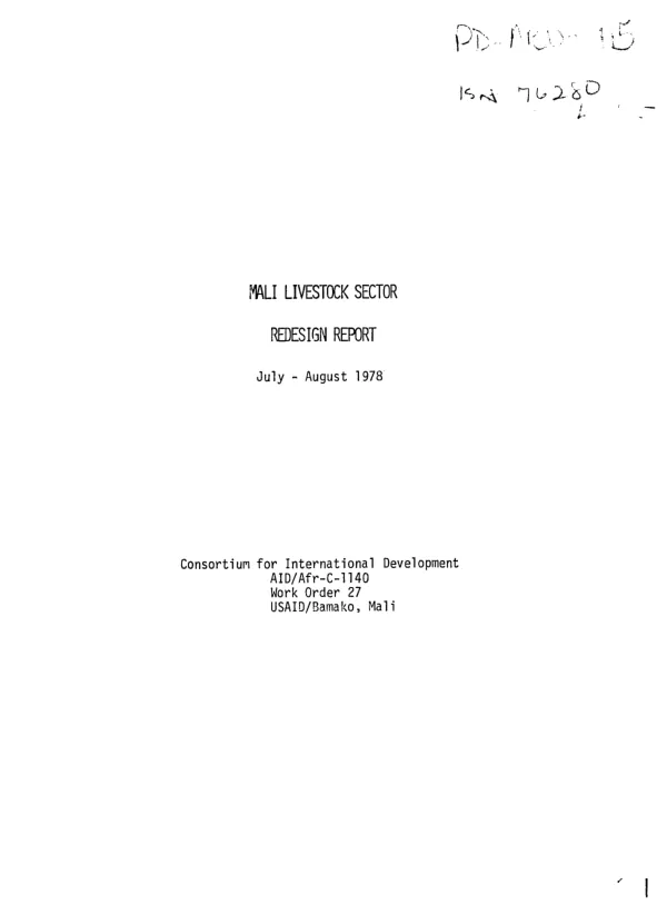 Mali livestock sector : redesign report, July - August 1978