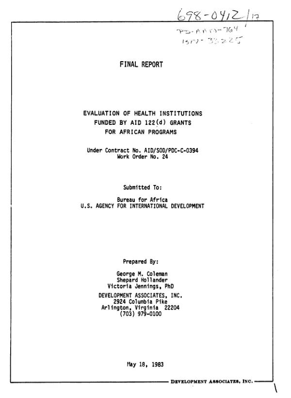 Final report : evaluation of health institutions funded by AID 122(d) grants for African programs