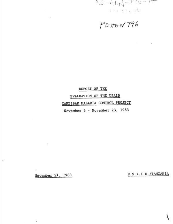 Report of the evaluation of the USAID Zanzibar malaria control project