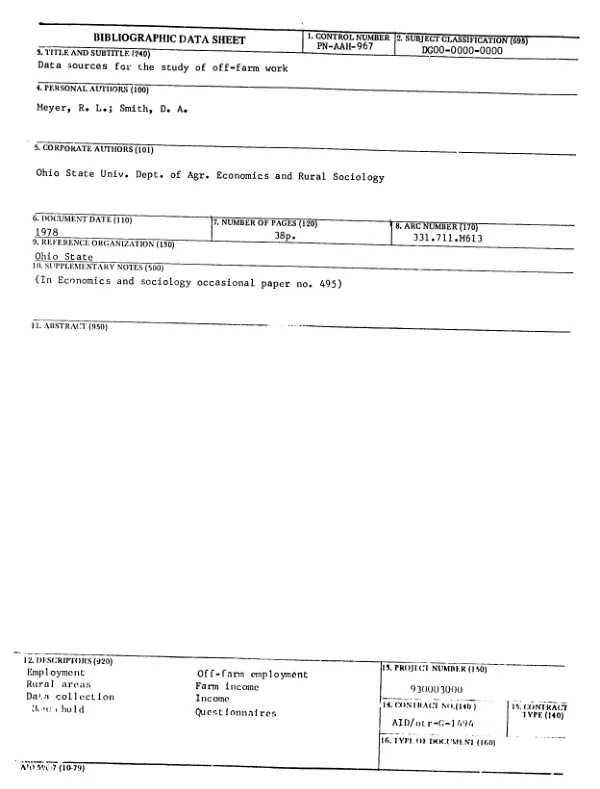 DATA SOURCES FOR THE STUDY OF OFF-FARM WORK