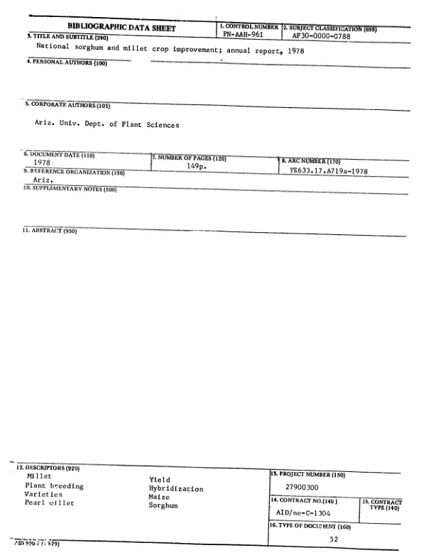 NATIONAL SORGHUM AND MILLET CROP IMPROVEMENT; ANNUAL REPORT, 1978