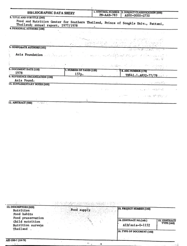 FOOD AND NUTRITION CENTER FOR SOUTHERN THAILAND, PRINCE OF SONGKLA UNIV., PATTANI, THAILAND; ANNUAL REPORT, 1977/1978