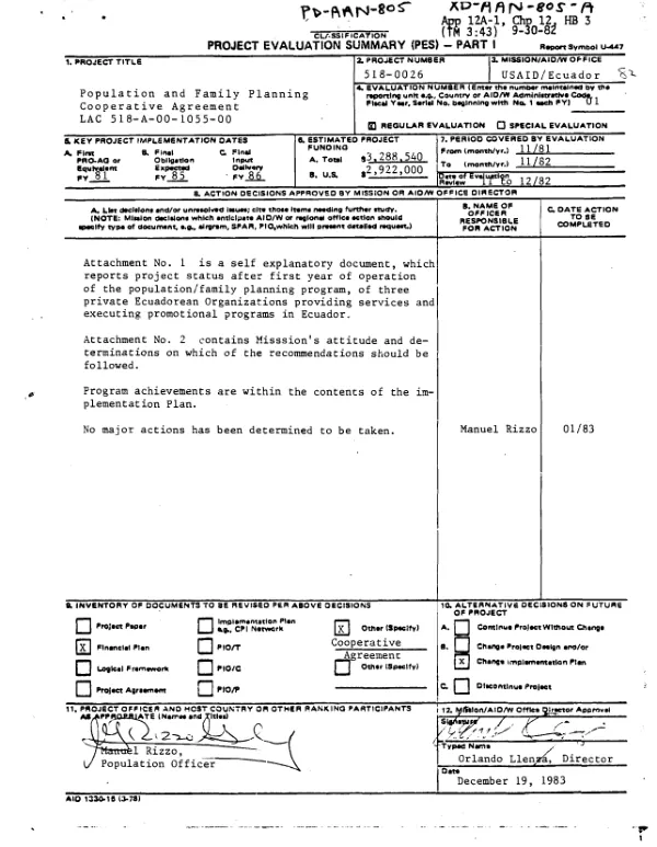 First year evaluation population and family planning project no. 518-0026 : cooperative agreement no. LAC-0518-A-00-1055-00, dated 9/30/81 and amendments no. 1 and 2, AID and IPPF/Western Hemisphere Region, November 29-December 3, 1982