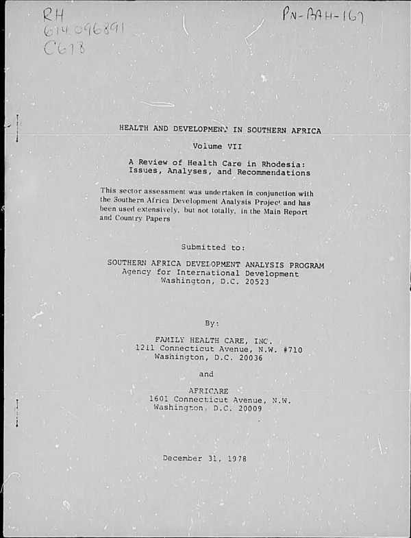 REVIEW OF HEALTH CARE IN RHODESIA : ISSUES, ANALYSES, AND RECOMMENDATION