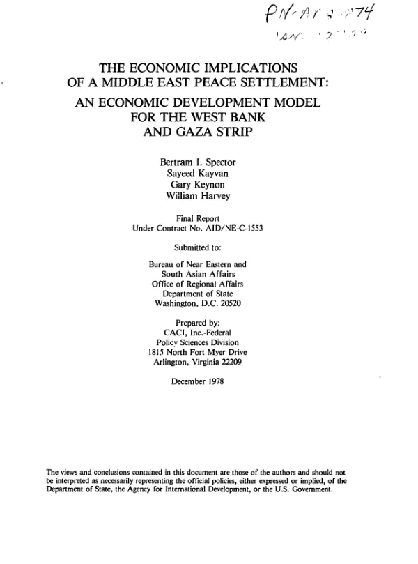 Economic implications of a Middle East peace settlement : an economic development model for the West Bank and Gaza Strip