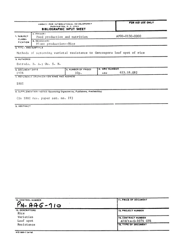 METHODS OF SCREENING VARIETAL RESISTANCE TO CERCOSPORA LEAF SPOT OF RICE