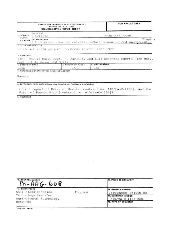 BENCHMARK SOILS PROJECT; PROGRESS REPORT, 1975-1977