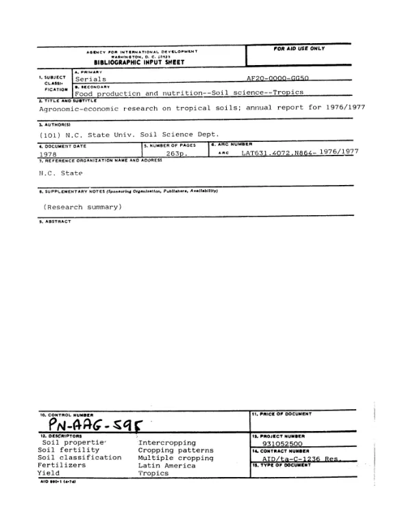 AGRONOMIC - ECONOMIC RESEARCH ON TROPICAL SOILS; ANNUAL REPORT FOR 1976/1977