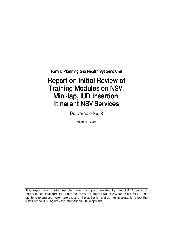 Report on initial review of training modules on NSV [no-scalpel vasectomy], mini-lap, IUD insertion, itinerant NSV services