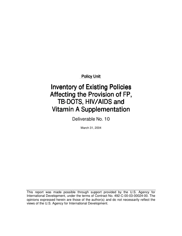 Inventory of existing policies affecting the provision of FP, TB-DOTS, HIV/AIDS and vitamin A supplementation